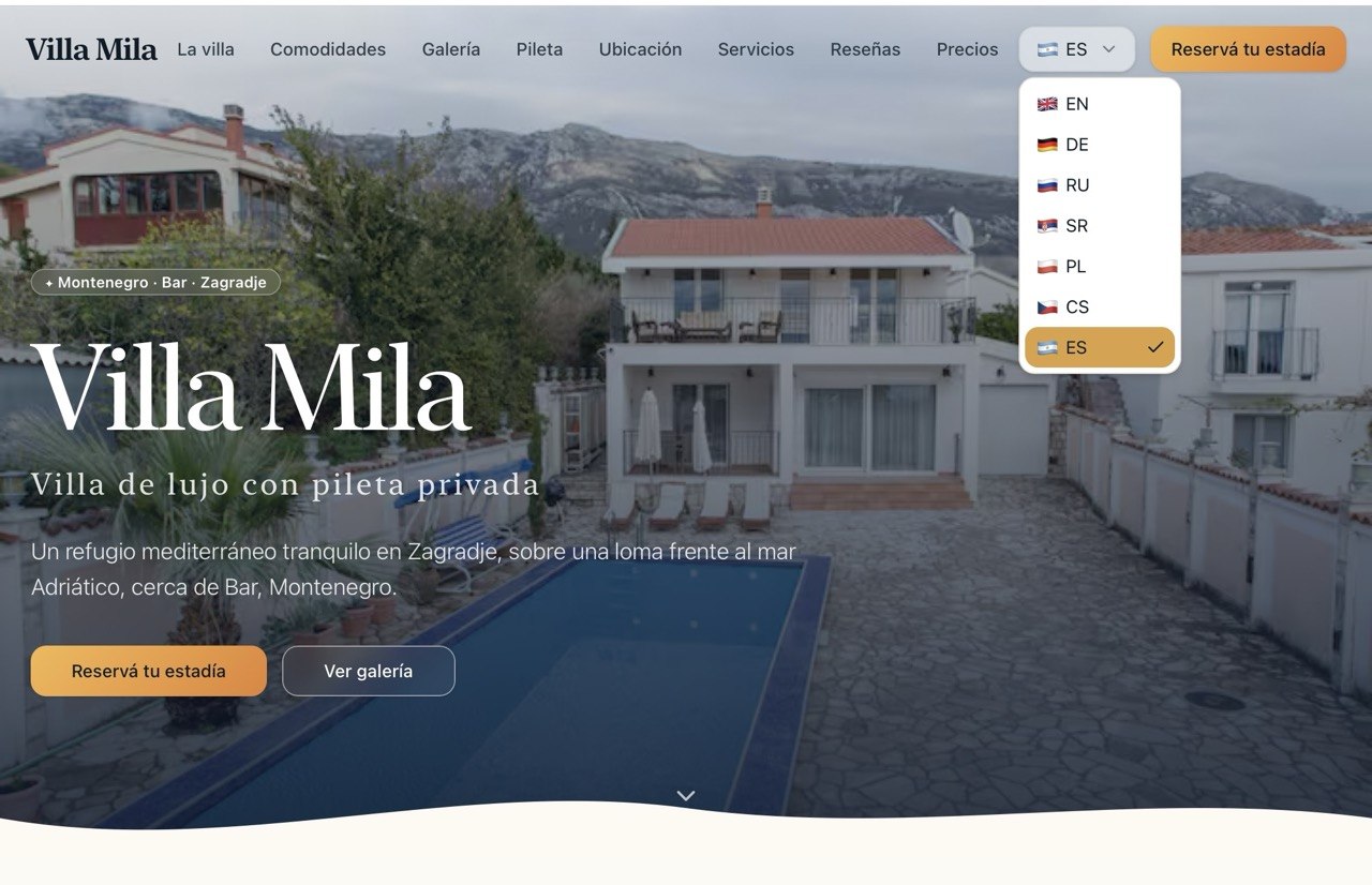 Villa Mila — Bar, Montenegro — website screenshot