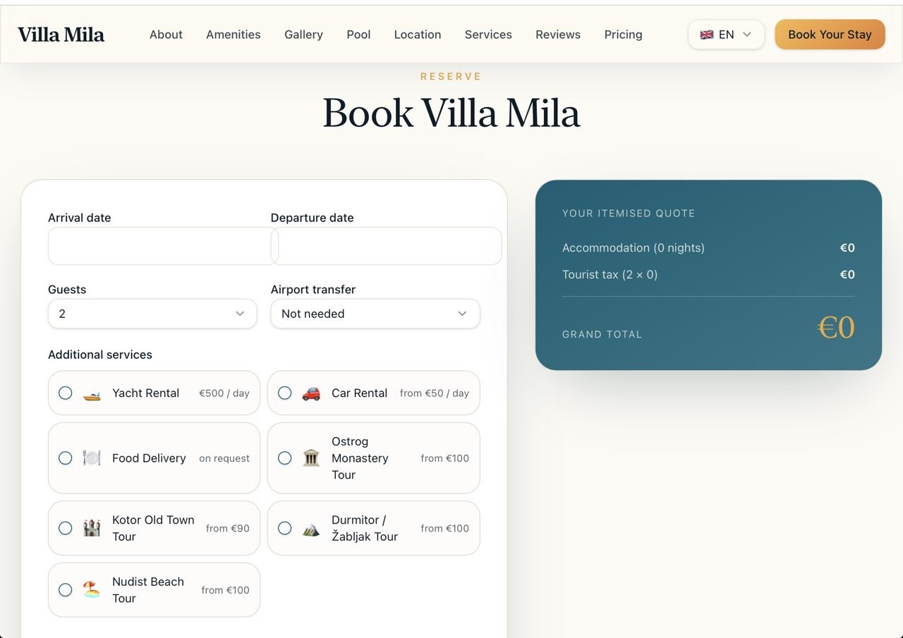 Villa Mila — Bar, Montenegro — website screenshot